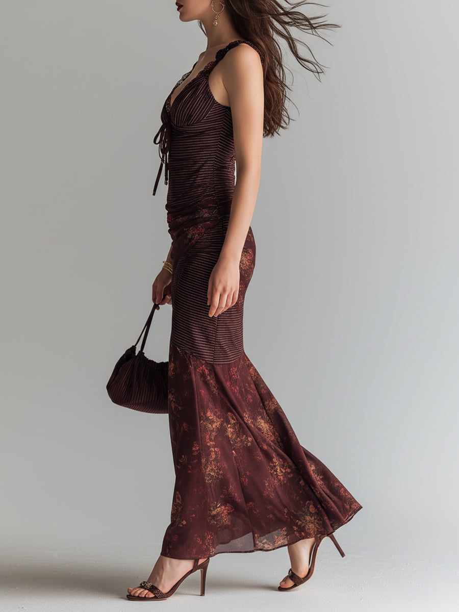Vestido maxi de tirantes retro a rayas con flores en paneles