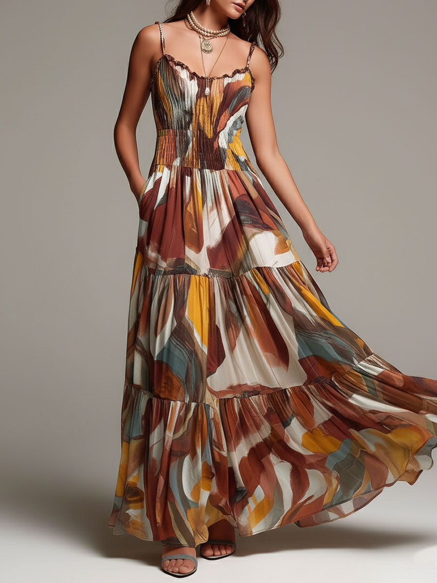 Vestido maxi bohemio con cuerpo fruncido y estampado abstracto multicolor