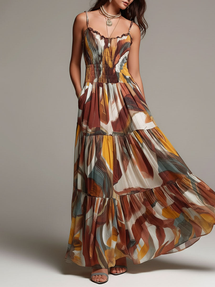 Vestido maxi bohemio con cuerpo fruncido y estampado abstracto multicolor