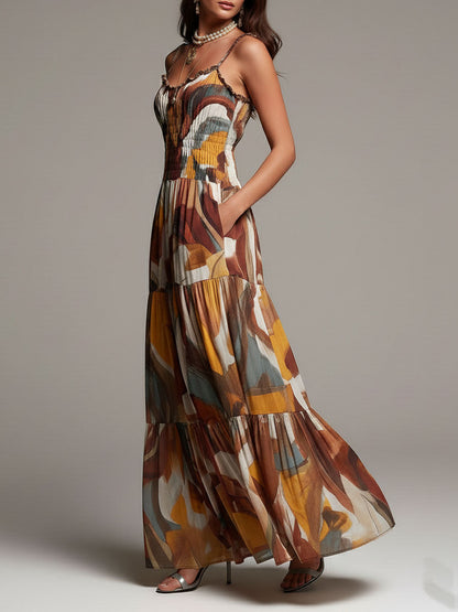Vestido maxi bohemio con cuerpo fruncido y estampado abstracto multicolor