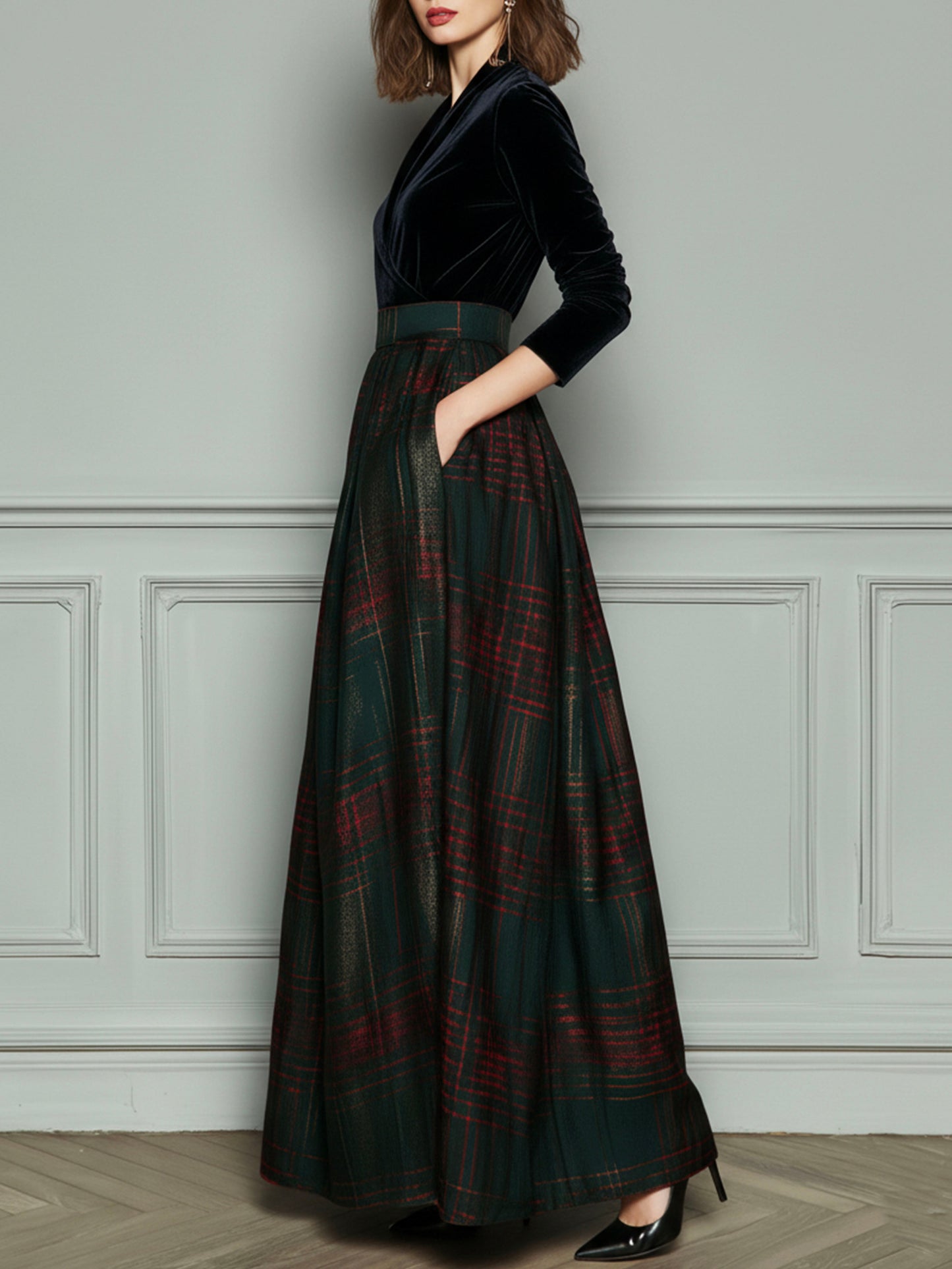 Elegante vestido de noche de cintura alta en terciopelo y cuadros con falda amplia