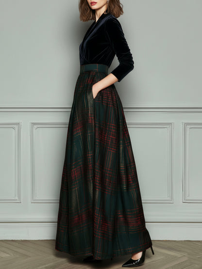 Elegante vestido de noche de cintura alta en terciopelo y cuadros con falda amplia