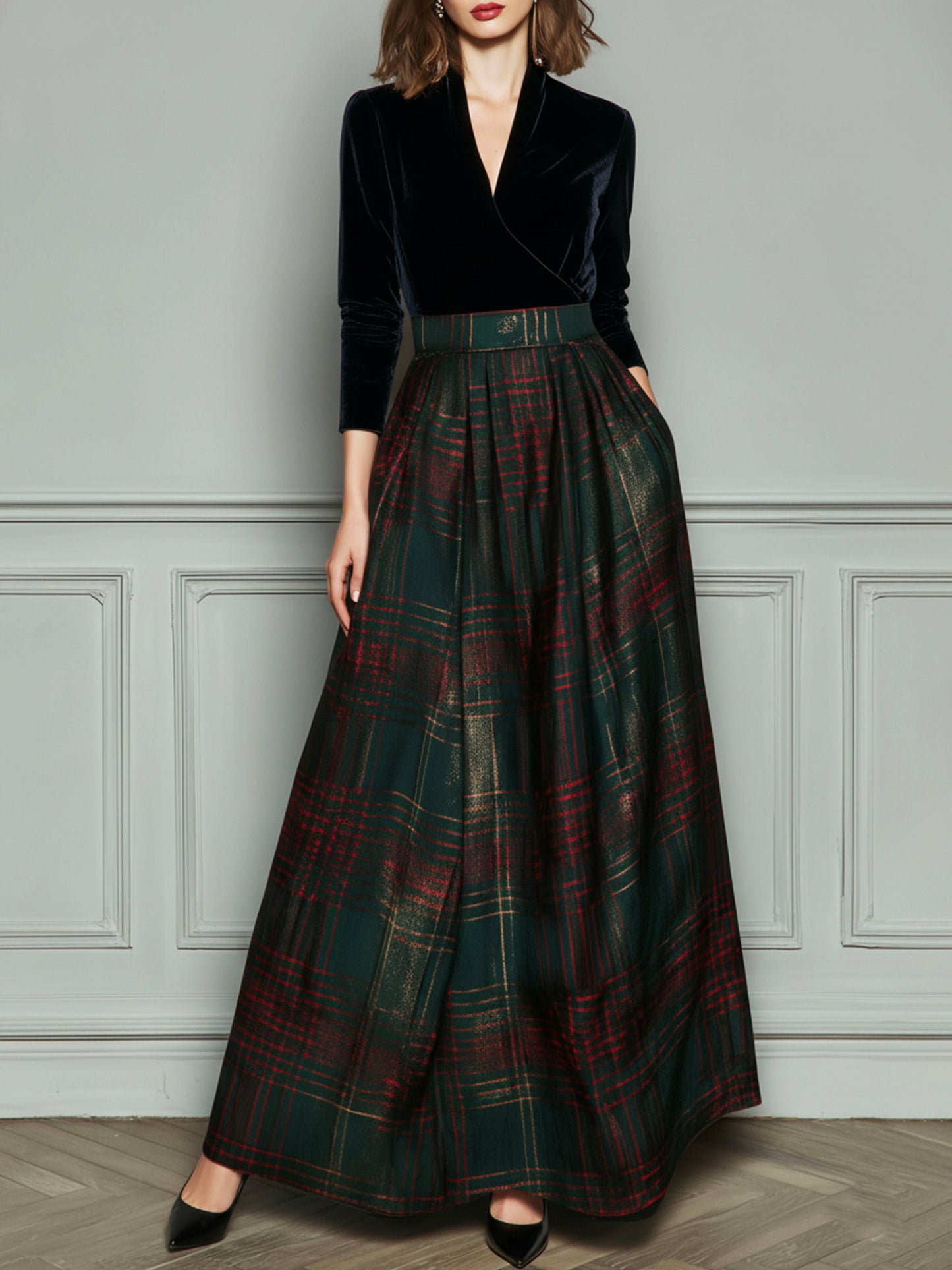 Elegante vestido de noche de cintura alta en terciopelo y cuadros con falda amplia