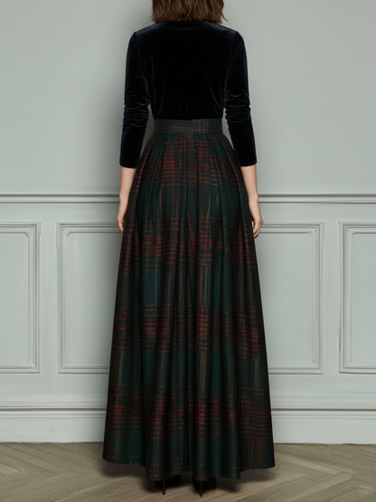 Elegante vestido de noche de cintura alta en terciopelo y cuadros con falda amplia