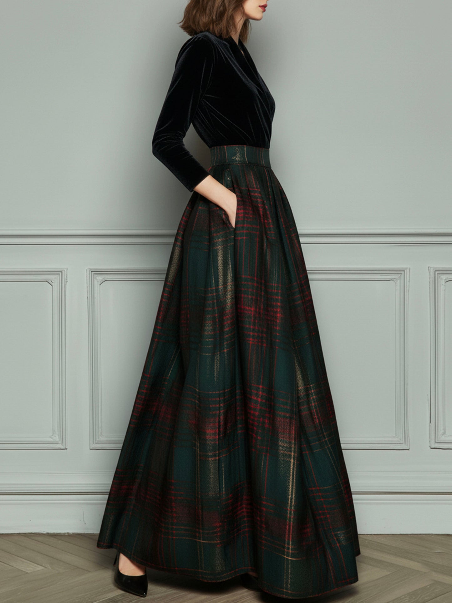 Elegante vestido de noche de cintura alta en terciopelo y cuadros con falda amplia