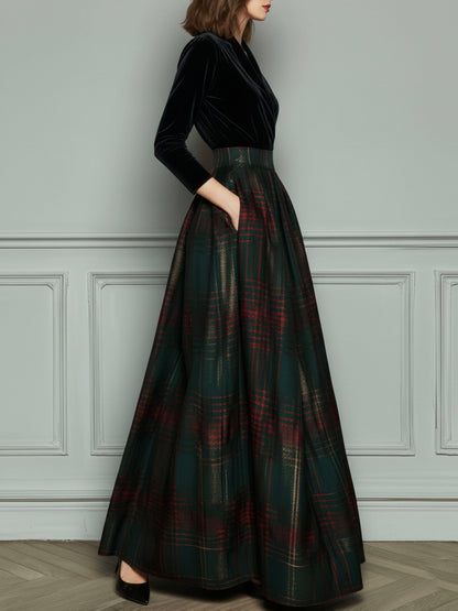 Elegante vestido de noche de cintura alta en terciopelo y cuadros con falda amplia