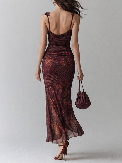 Vestido maxi de tirantes retro a rayas con flores en paneles