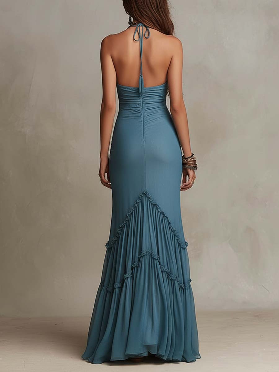 Vestido maxi bohemio de chifón con tirantes finos, fruncido, de corte sirena