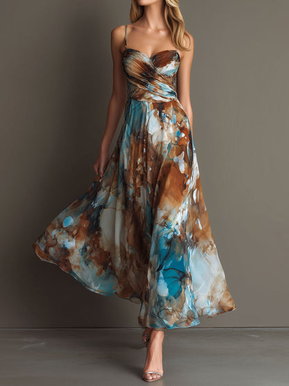 Vestido maxi bohemio de chiffon con estampado en acuarela y tirantes finos