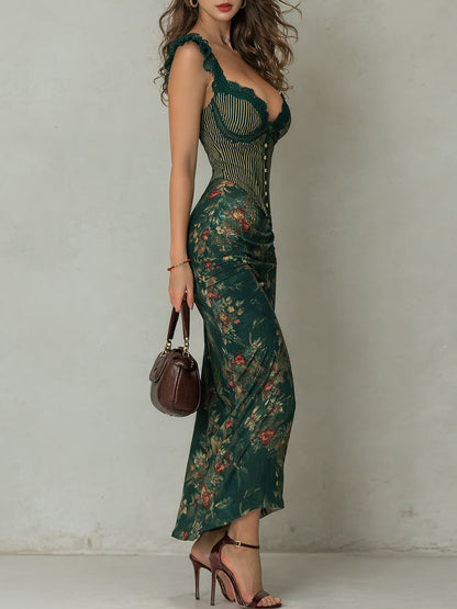 Vestido maxi con ribete de encaje vintage y estampado floral a rayas