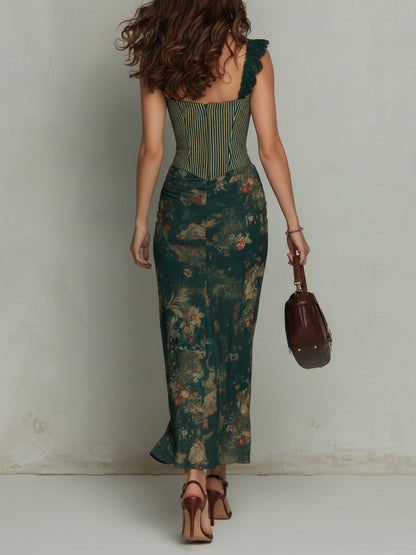 Vestido maxi con ribete de encaje vintage y estampado floral a rayas