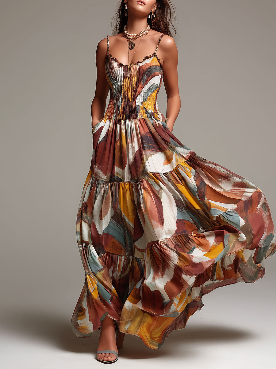 Vestido maxi bohemio con cuerpo fruncido y estampado abstracto multicolor