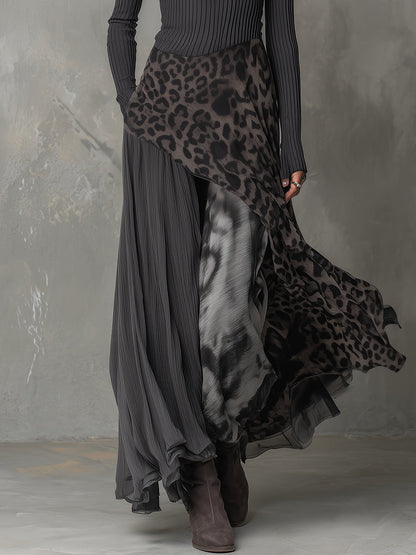 Vestido maxi bohemio con paneles en estampado de leopardo y rayas, dobladillo irregular