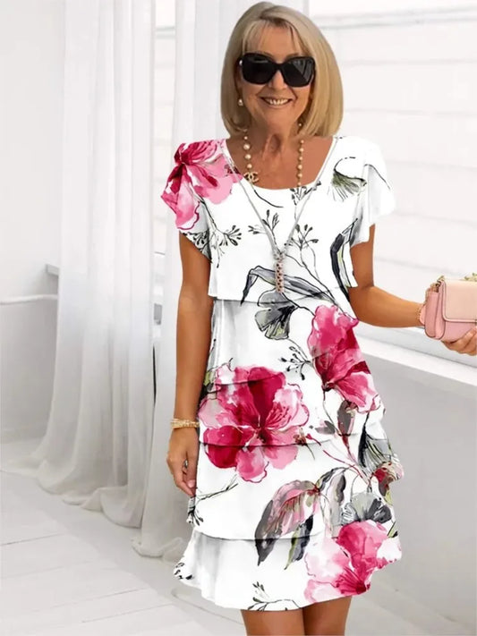 Normis – Vestido elegante con volantes (Flores rojas)