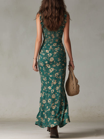 Vestido maxi bohemio retro con mangas volantes y gran abertura