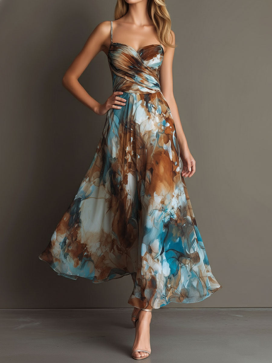 Vestido maxi bohemio de chiffon con estampado en acuarela y tirantes finos