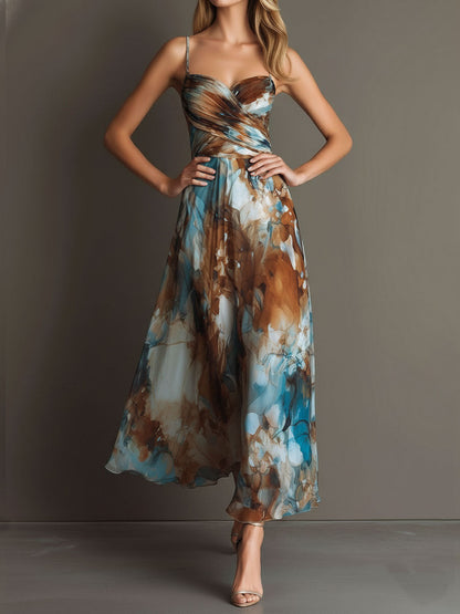 Vestido maxi bohemio de chiffon con estampado en acuarela y tirantes finos