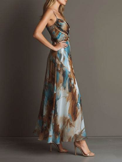 Vestido maxi bohemio de chiffon con estampado en acuarela y tirantes finos