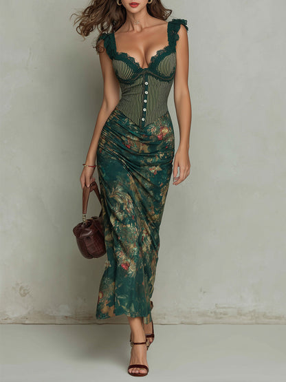 Vestido maxi con ribete de encaje vintage y estampado floral a rayas