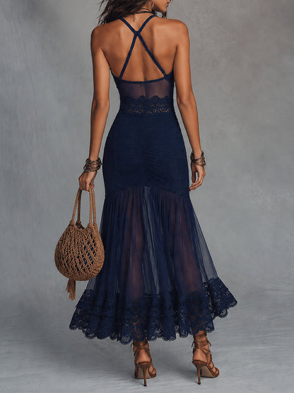 Vestido maxi de malla transparente bohemio romántico con ribete de encaje