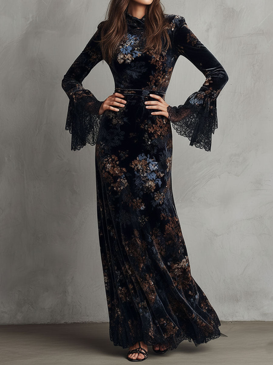 Vestido largo de terciopelo con estampado floral de medianoche, de caída fluida, con mangas campana con ribete de encaje