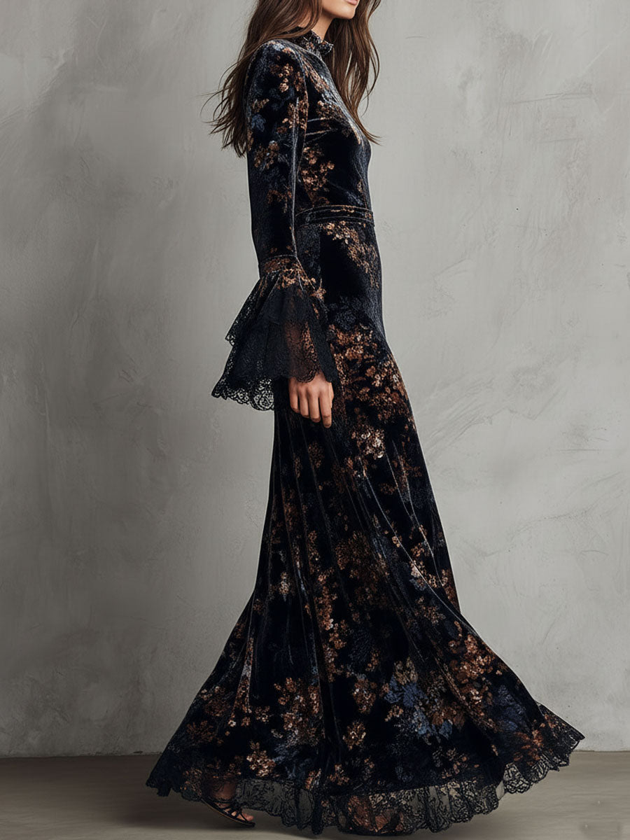 Vestido largo de terciopelo con estampado floral de medianoche, de caída fluida, con mangas campana con ribete de encaje