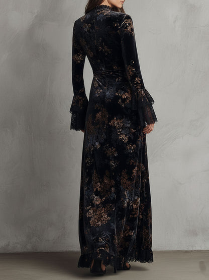 Vestido largo de terciopelo con estampado floral de medianoche, de caída fluida, con mangas campana con ribete de encaje
