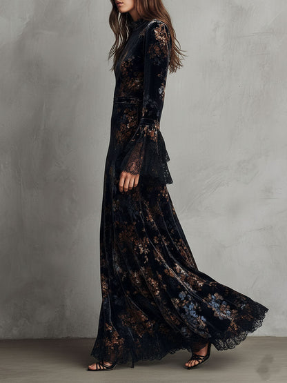 Vestido largo de terciopelo con estampado floral de medianoche, de caída fluida, con mangas campana con ribete de encaje