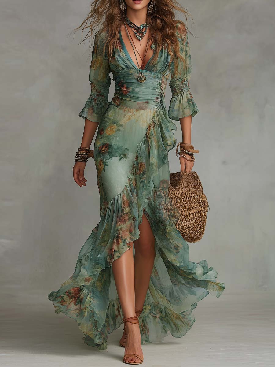 Vestido largo envolvente floral retro romántico