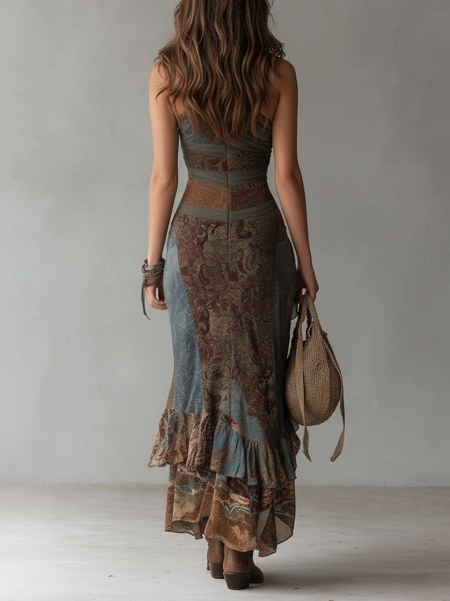 Vestido maxi estampado de estilo étnico retro, de un solo hombro y con abertura alta