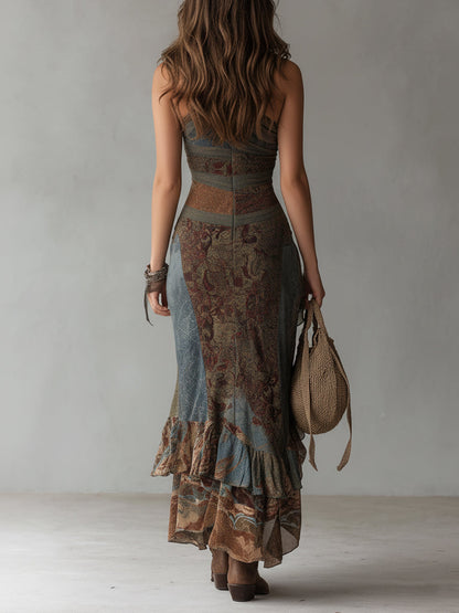 Vestido maxi estampado de estilo étnico retro, de un solo hombro y con abertura alta