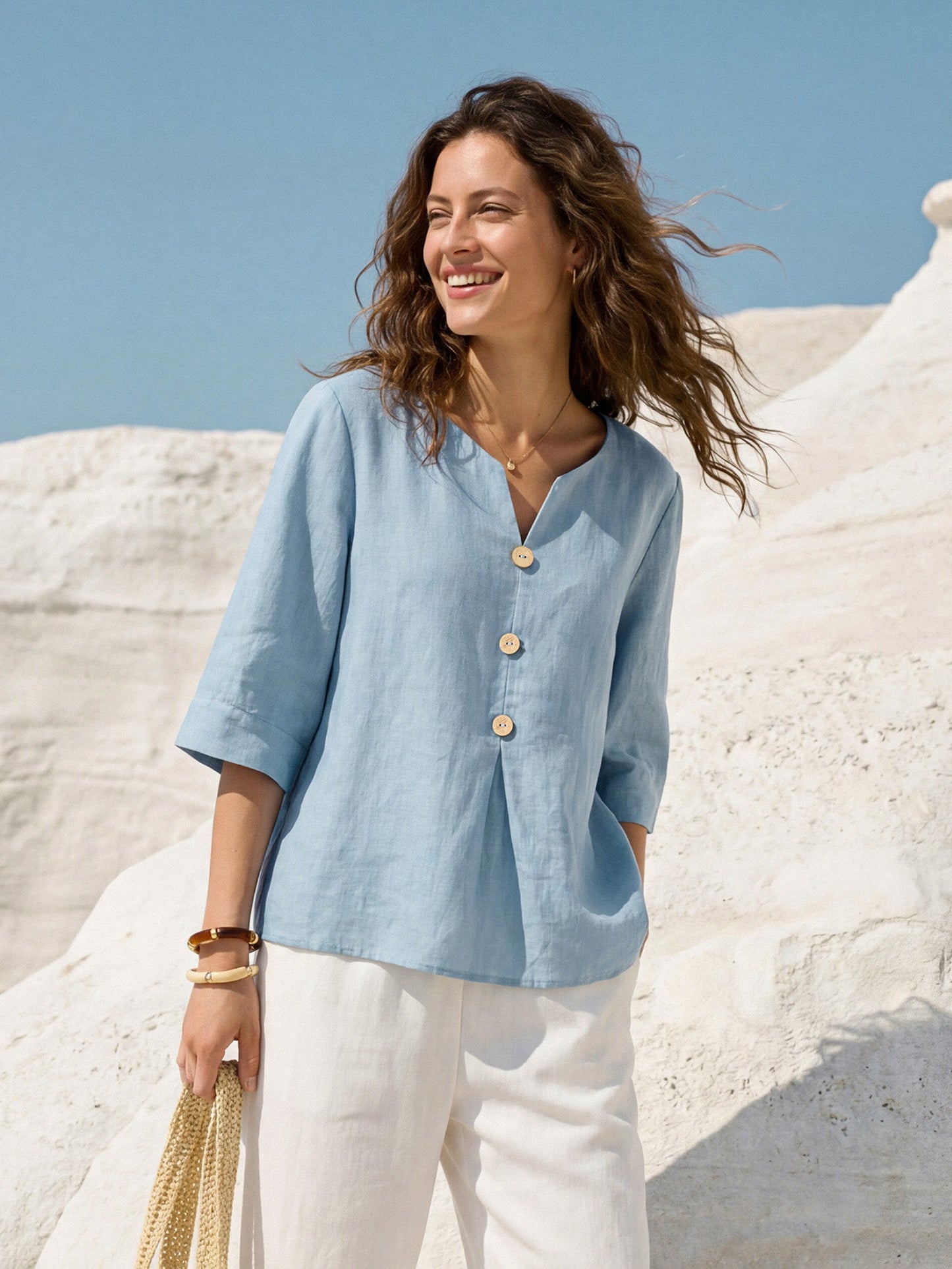 100% Lino Split Neck Inverted Pleat Top TABITHA