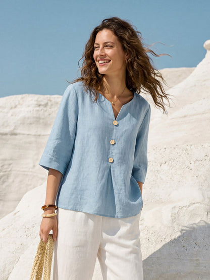 100% Lino Split Neck Inverted Pleat Top TABITHA