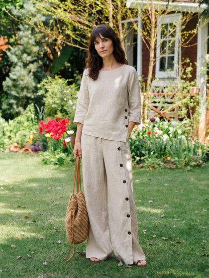 Pantalón con dobladillo de hendidura 100% de lino KATYA