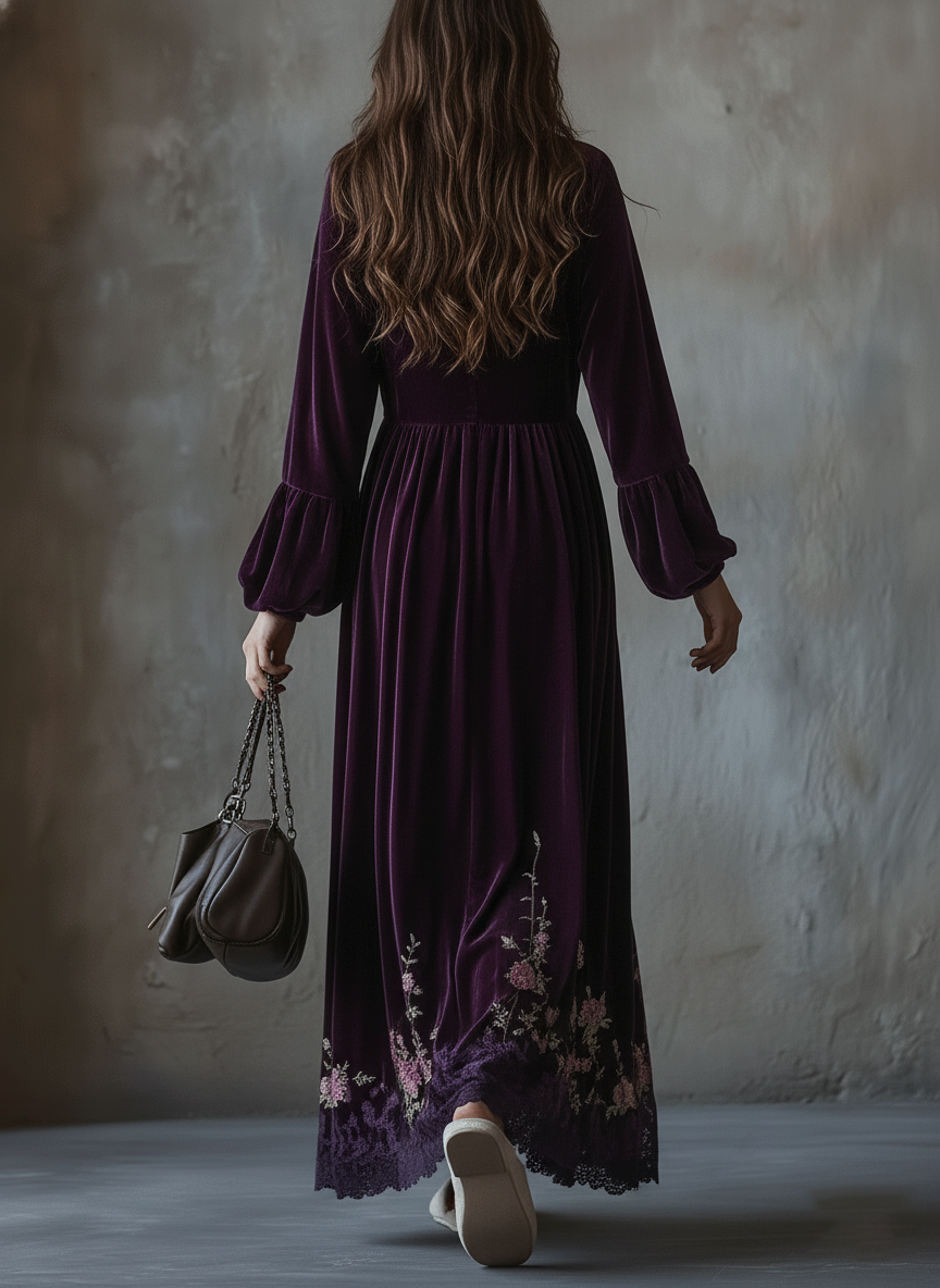 Vestido maxi de terciopelo bordado con motivos florales vintage