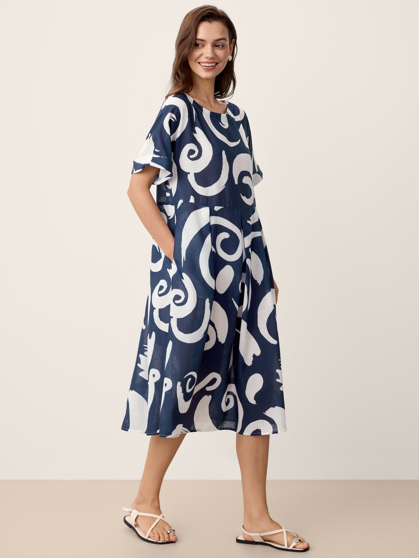 Vestido midi de lino con estampado abstracto y cintura plisada PRIYA