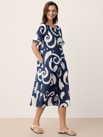 Vestido midi de lino con estampado abstracto y cintura plisada PRIYA