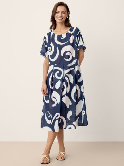 Vestido midi de lino con estampado abstracto y cintura plisada PRIYA