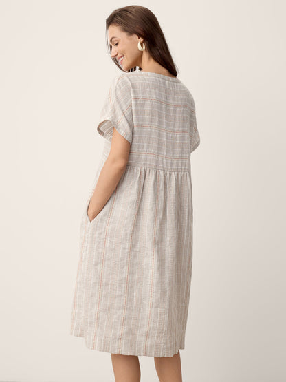 Vestido midi de lino fruncido con dobladillo y cuello partido SYDNEY