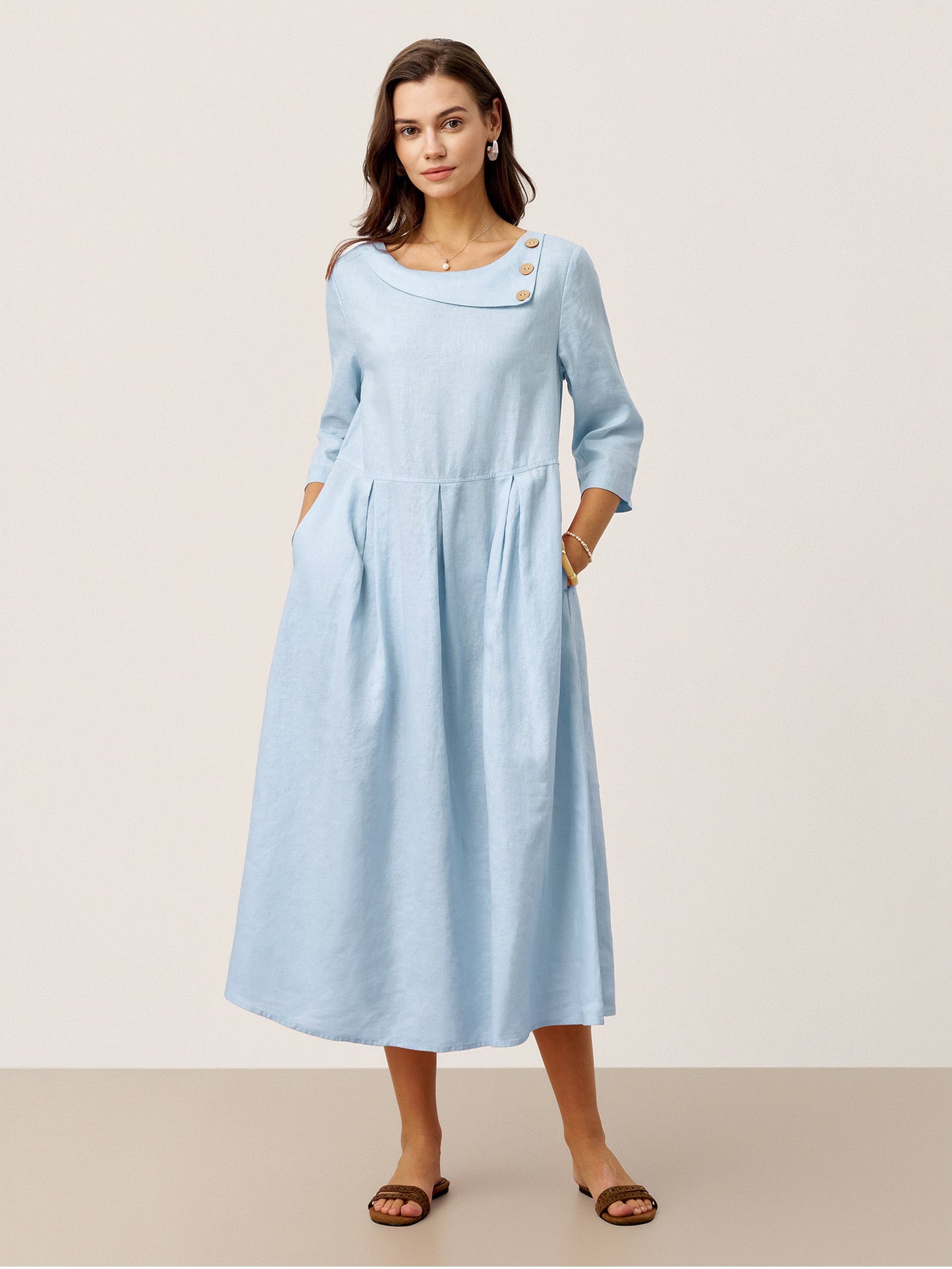 Vestido de Lino 100% Cuello Media Luna con Botones