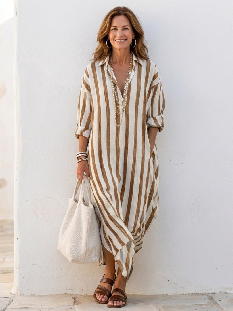 Noemí | Vestido camisero midi a rayas de manga larga