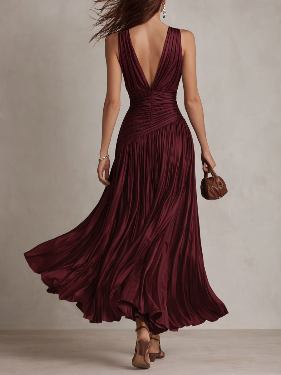 Vestido maxi de satén plisado a rayas vintage