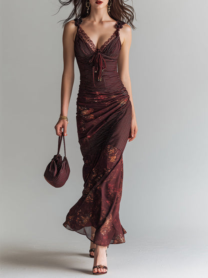 Vestido maxi de tirantes retro a rayas con flores en paneles