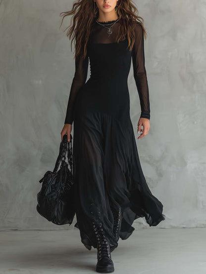 Vestido maxi con mangas transparentes de estilo retro