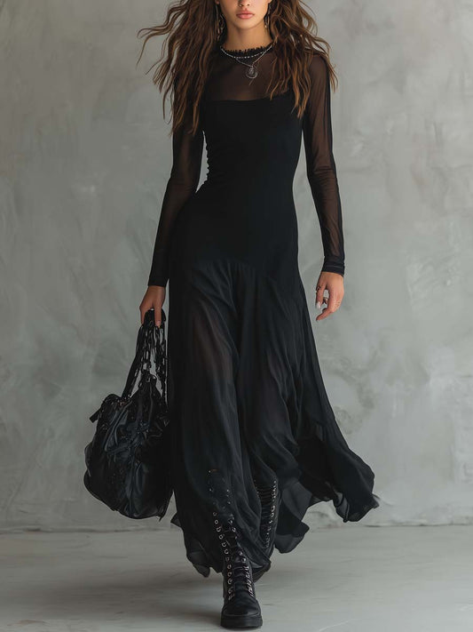 Vestido maxi con mangas transparentes de estilo retro