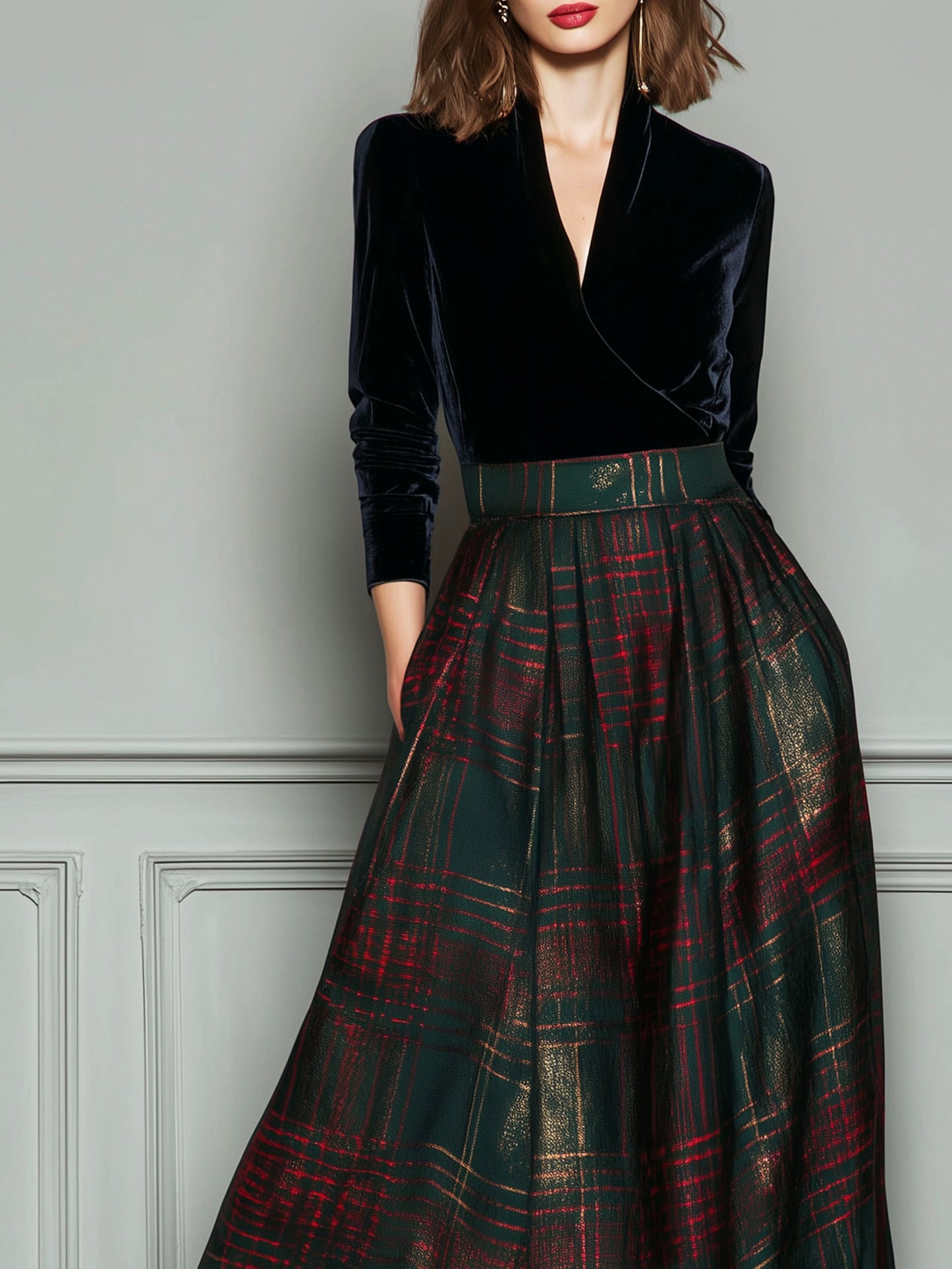 Elegante vestido de noche de cintura alta en terciopelo y cuadros con falda amplia