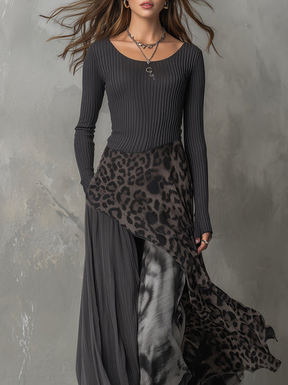 Vestido maxi bohemio con paneles en estampado de leopardo y rayas, dobladillo irregular