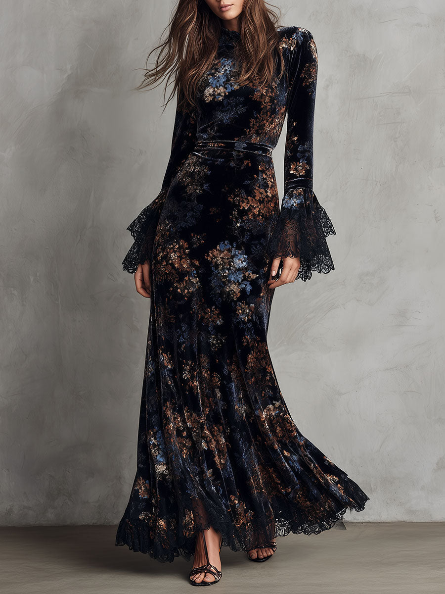 Vestido largo de terciopelo con estampado floral de medianoche, de caída fluida, con mangas campana con ribete de encaje