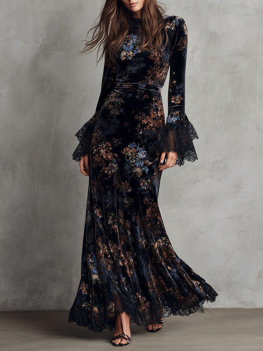Vestido largo de terciopelo con estampado floral de medianoche, de caída fluida, con mangas campana con ribete de encaje