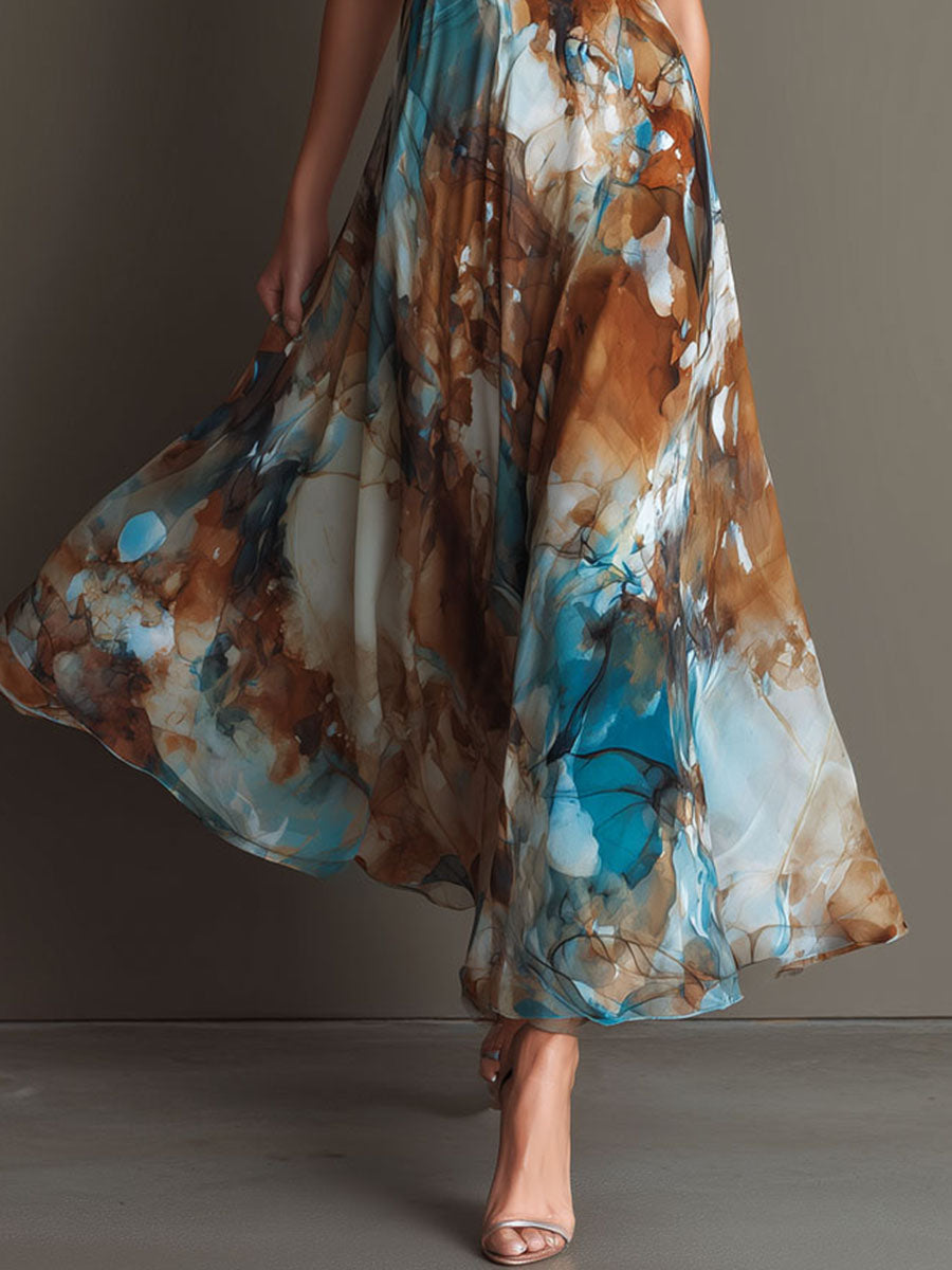 Vestido maxi bohemio de chiffon con estampado en acuarela y tirantes finos